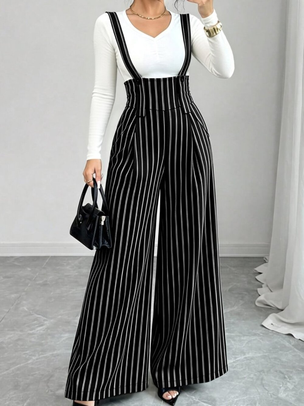 Black Elegant Women's Striped High Waist Loose Overall Pants